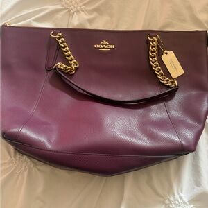 Coach Plum Leather Tote with Gold Chain Handles